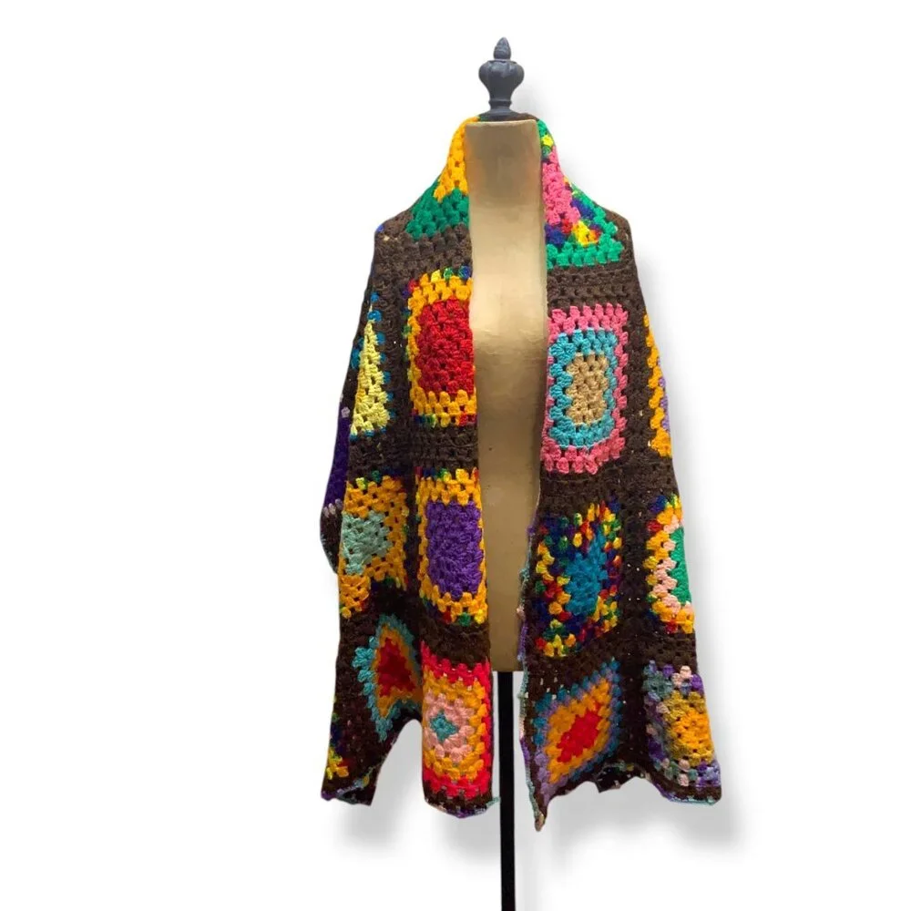 Handcrafted Colorful Crochet Granny Square Wrap Shawl Brown Base Boho Cottagecor
